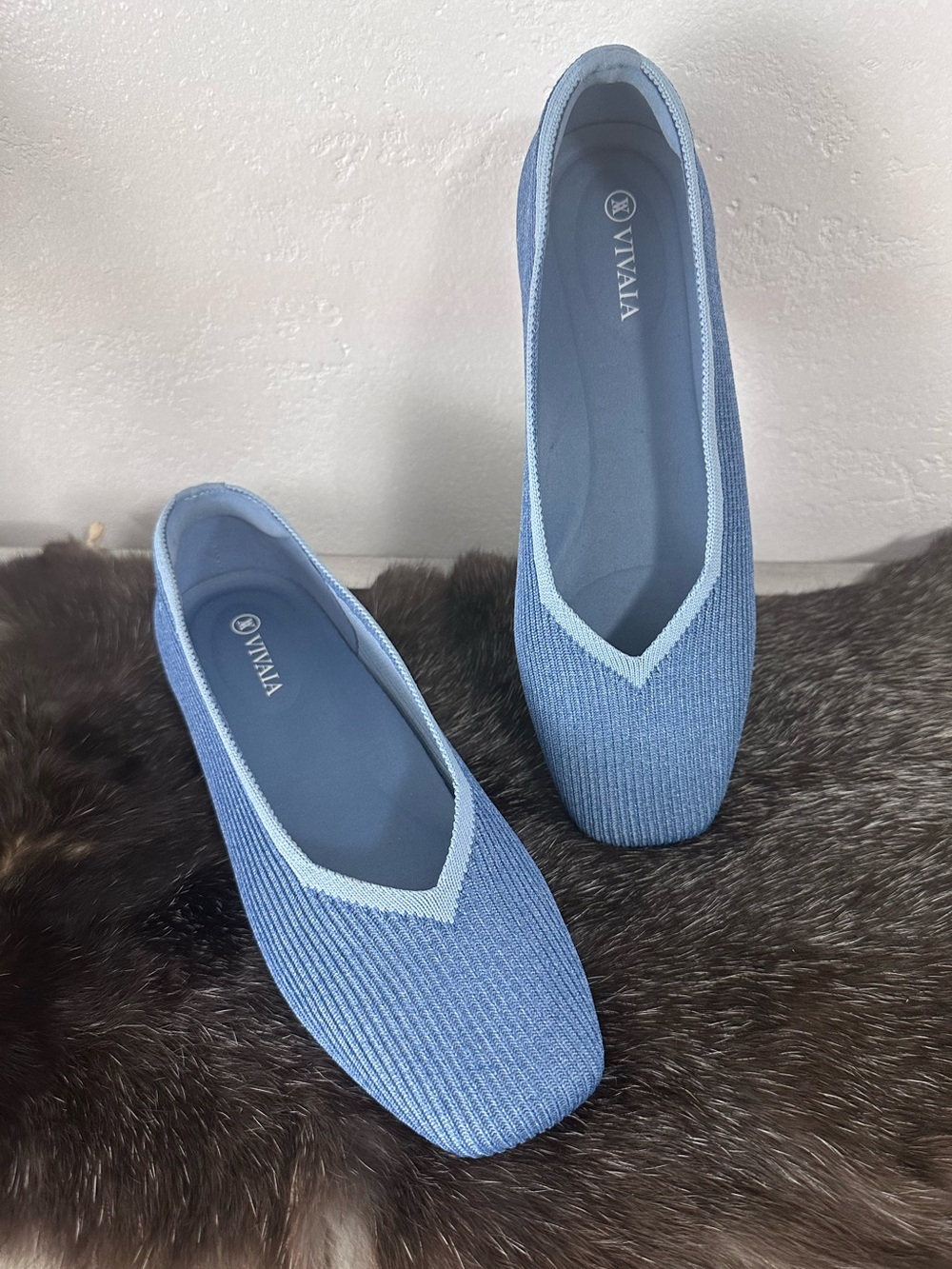Cute VIVAIA Square Toe Knit Ballet Flats Blue Denim EU 39 Like New 👟✨
